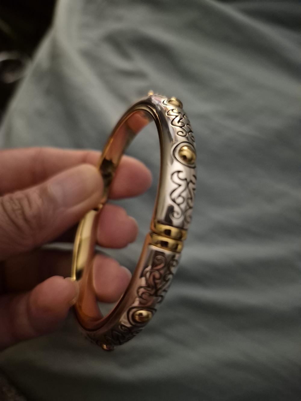Brighton Two-Tone Silver and Gold Engraved Hinged Bracelet